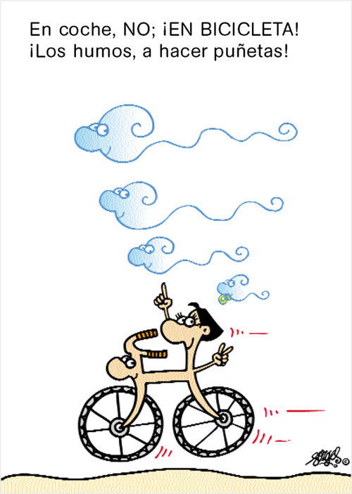 Viñeta de Forges «En coche, no: ¡en bicicleta!»