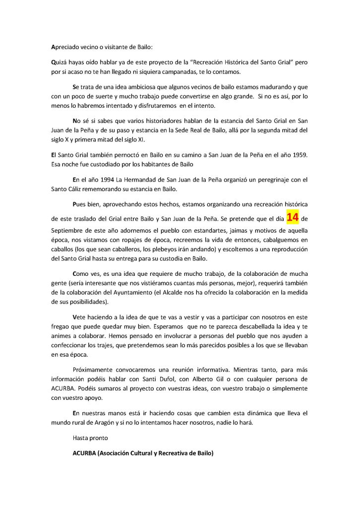 Carta a los vecinos sobre el cambio de fecha de la recreación del Santo Grial
