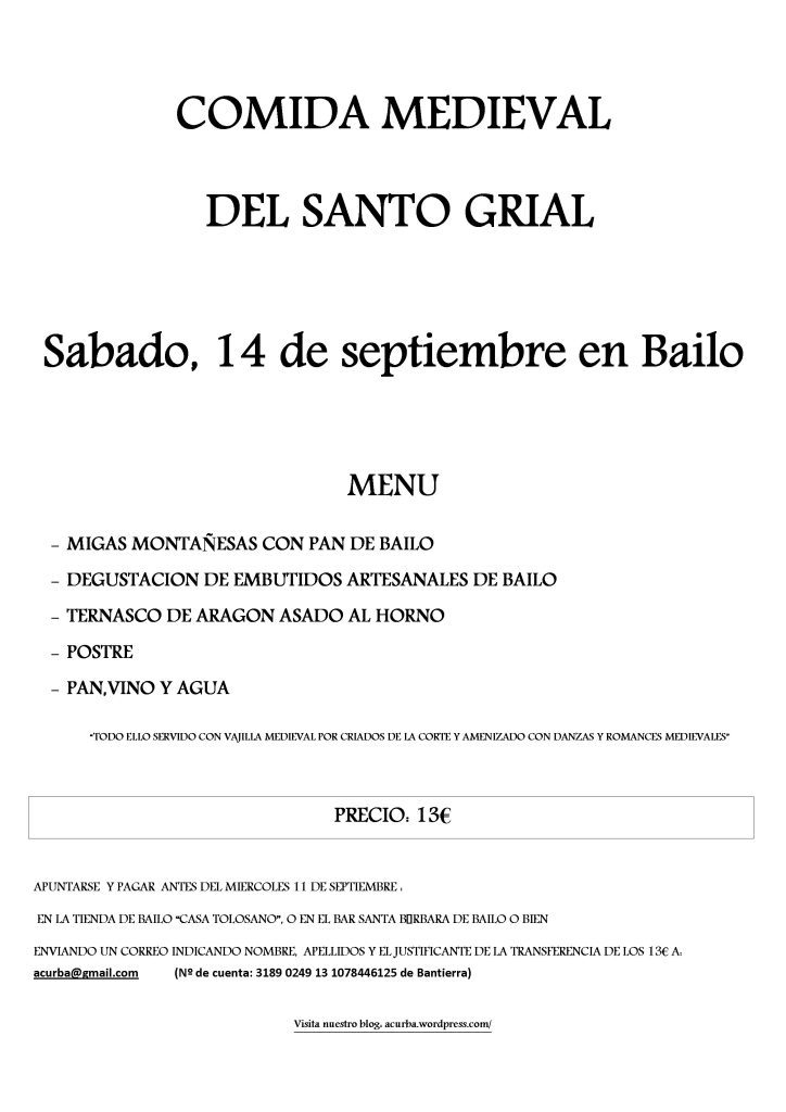 Menú de la comida medieval del Santo Grial 2013
