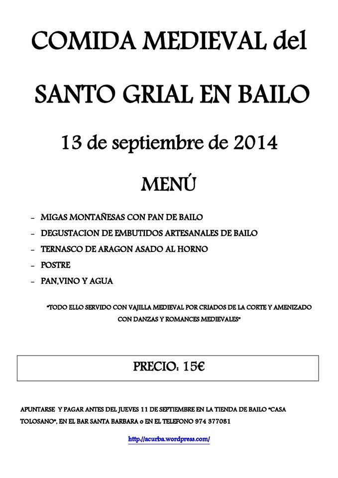 Menú de la comida medieval del Santo Grial 2014
