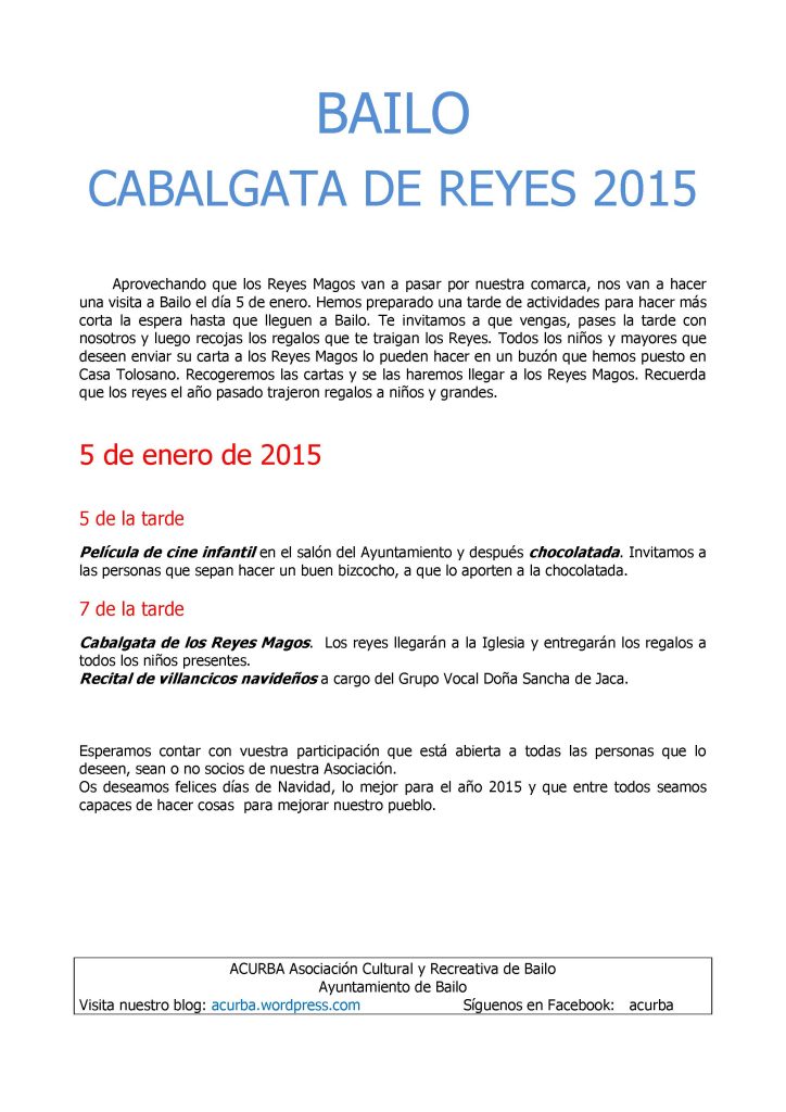 Cartel de la Cabalgata de Reyes de Bailo 2015
