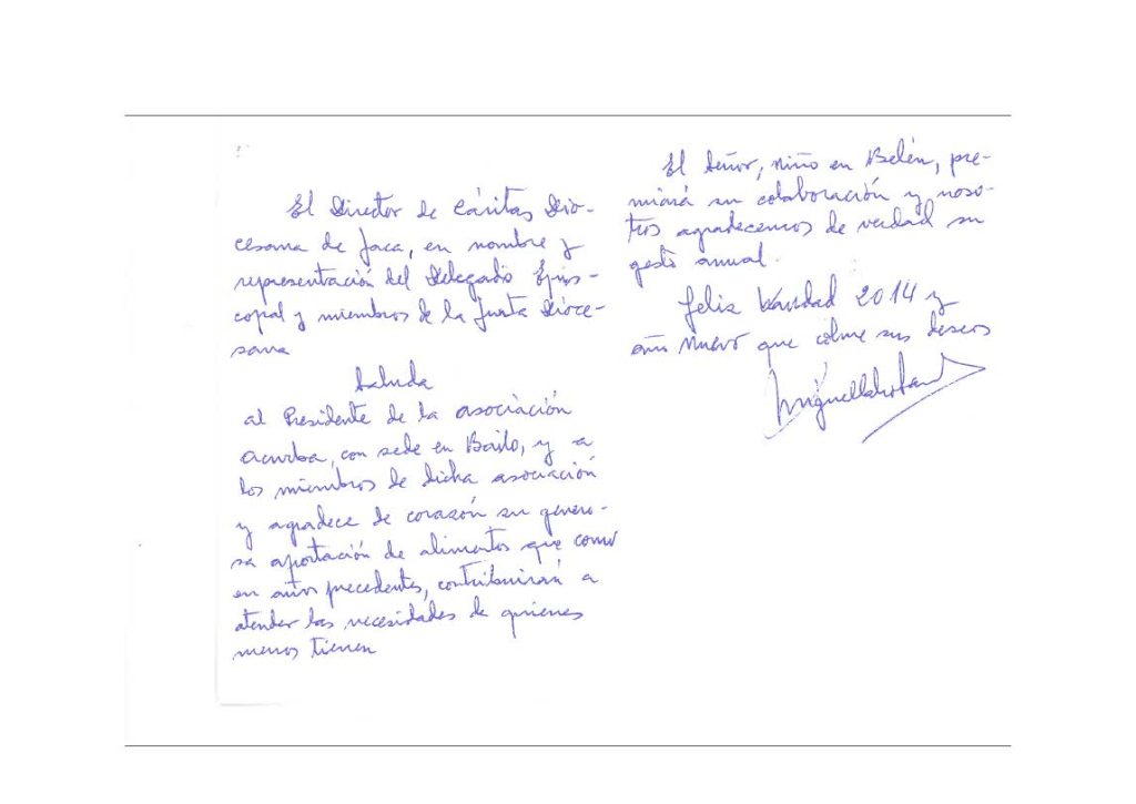 Felicitación de Cáritas Jaca a ACURBA