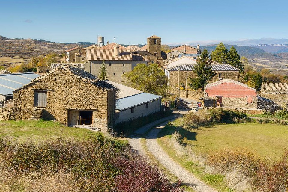 Arbués, con el Pirineo al fondo